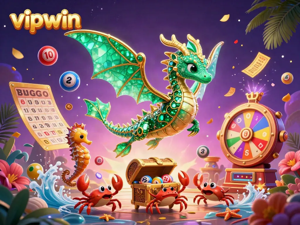 Experience the excitement of vipwin with a dynamic 3D scene featuring whimsical characters and vibrant lottery elements.