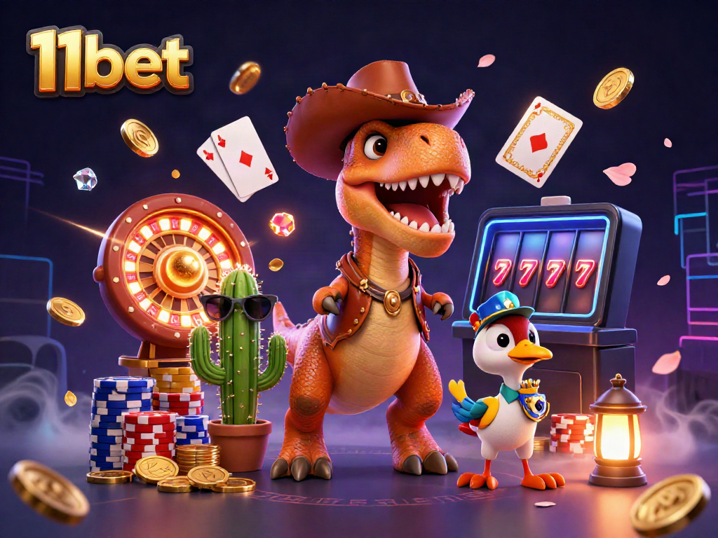 Experience thrilling casino adventures with 11bet featuring T-Rex cowboy, cactus sidekick, and roadrunner.