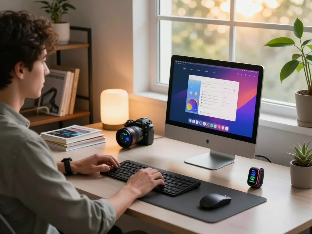 Innovative home office showcasing must have tech gadgets including a Bluetooth keyboard and smart thermostat.