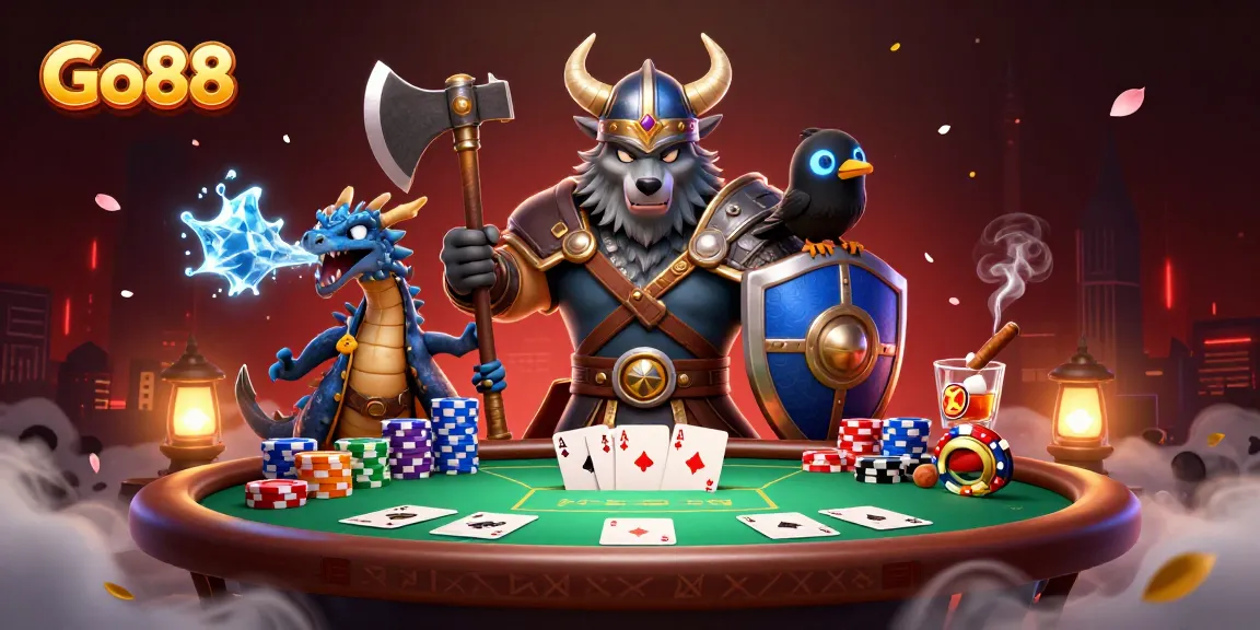 Join the thrilling action of Go88's poker table featuring a Viking warrior and dragon in a dynamic scene.