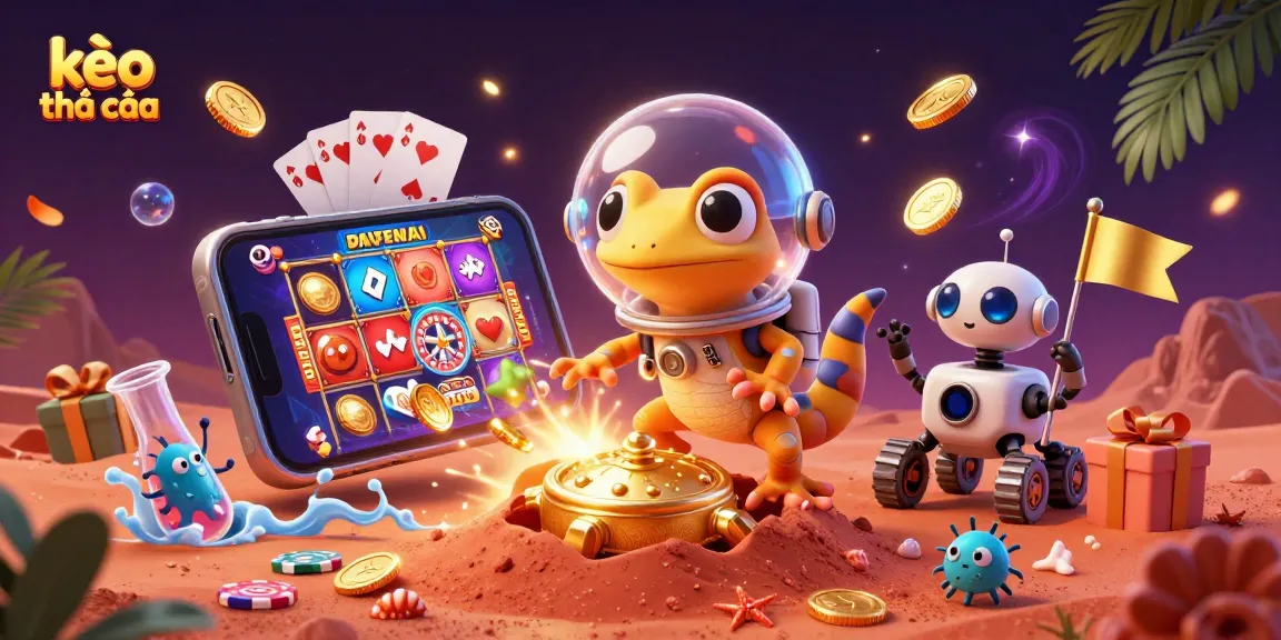 Engage in thrilling kèo nhà cái action with a Martian gecko at a hidden casino, featuring dynamic gaming elements.