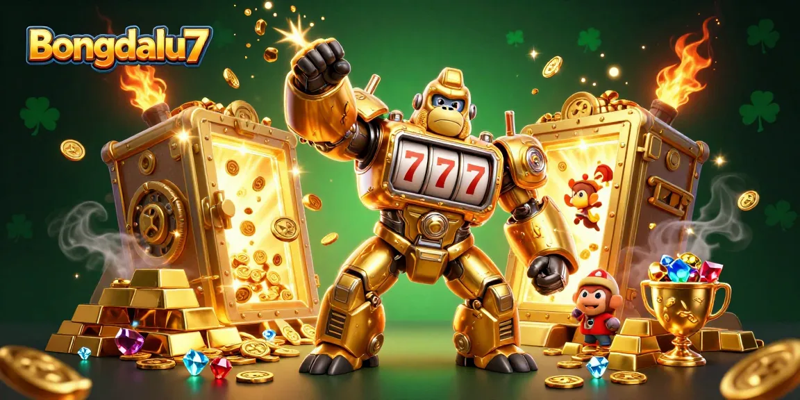 Bongdalu7 showcases a golden gorilla mech punching coins, surrounded by treasures, in an energetic gambling scene.