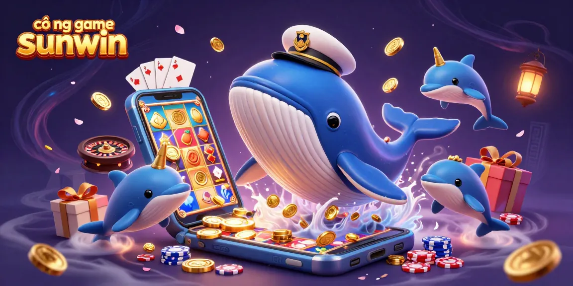 Experience the thrilling cổng game sunwin with a vibrant 3D scene of whales and dolphins amidst casino elements.