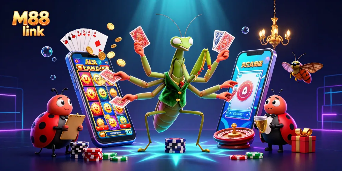 Bet big with M88 link, showcasing vibrant 3D casino characters dealing cards and pouring champagne.