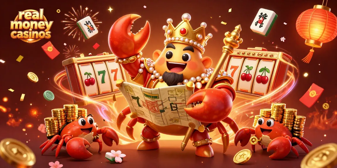 Engage in real money casinos with a vibrant 3D illustration of a golden crab emperor amid colorful gaming elements.