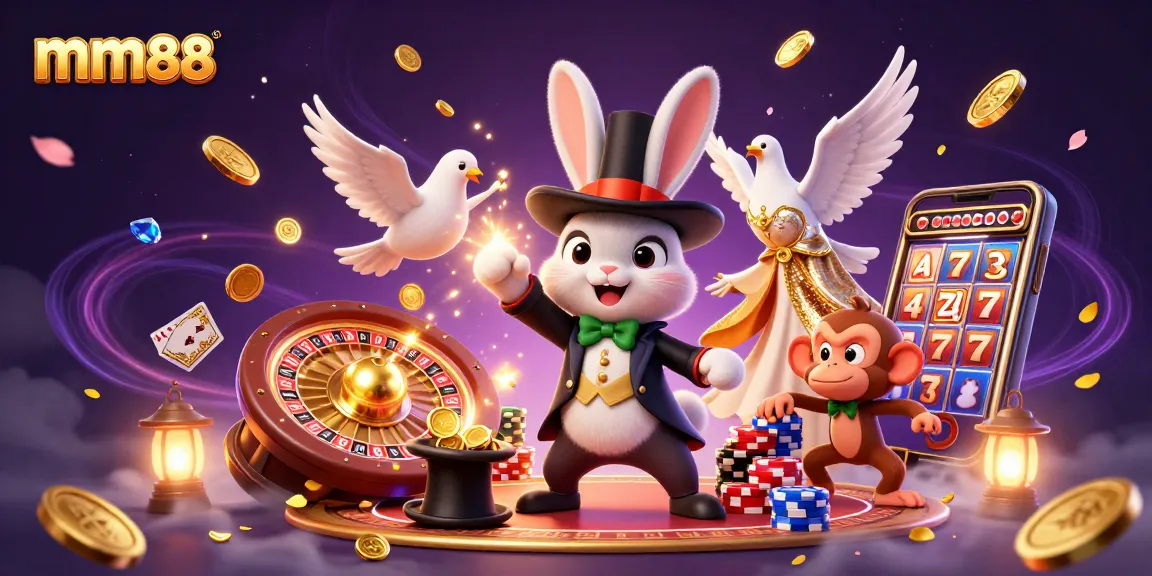 Experience excitement at mm88 with a magician rabbit, coins, and poker chips in a vibrant casino scene.