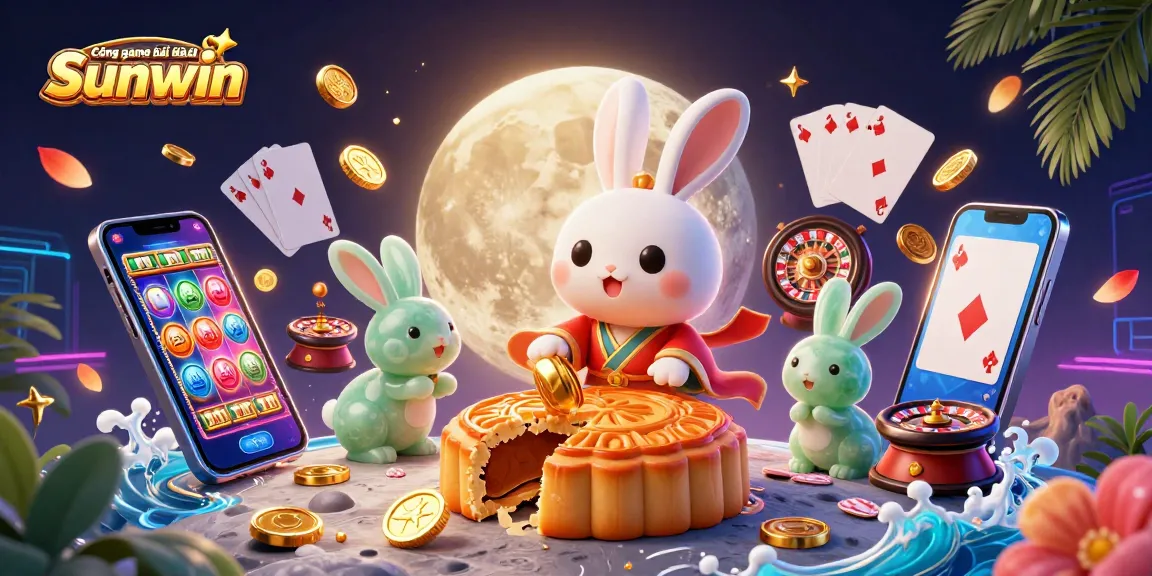 Engage with the Cổng game bài đổi thưởng Sunwin featuring a moon rabbit revealing poker chips in a vibrant casino setting.