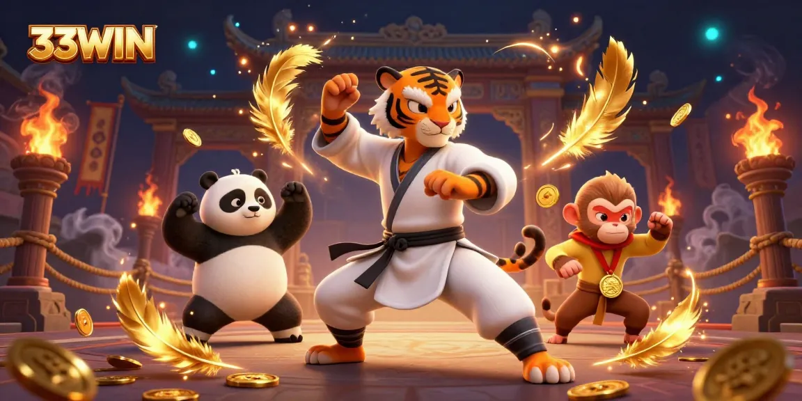 Engage with 33WIN as a kung fu tiger master and friends compete for gold tokens in a vibrant casino scene.