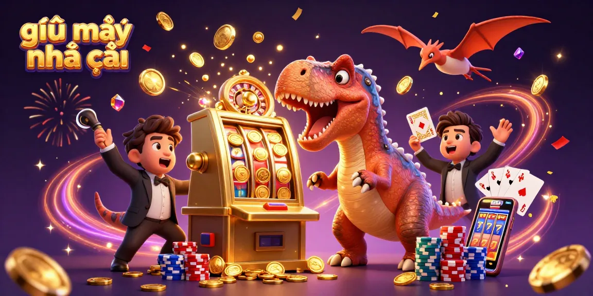 Experience giải mã nhà cái with an energetic casino scene featuring a dino headbutting a slot machine