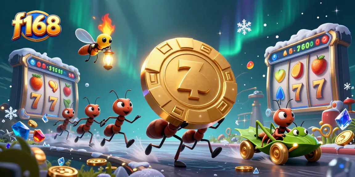 f168 ants running a heist with a golden poker chip amidst a vibrant casino motif