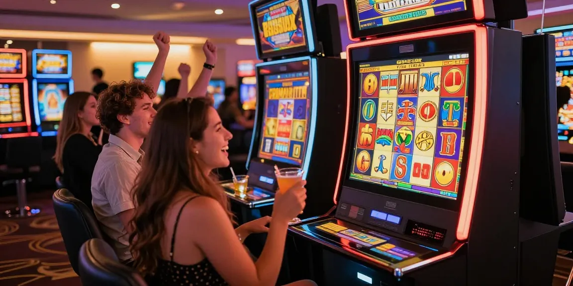 Friend celebrating a big win at the slot gacor machine in a vibrant casino.