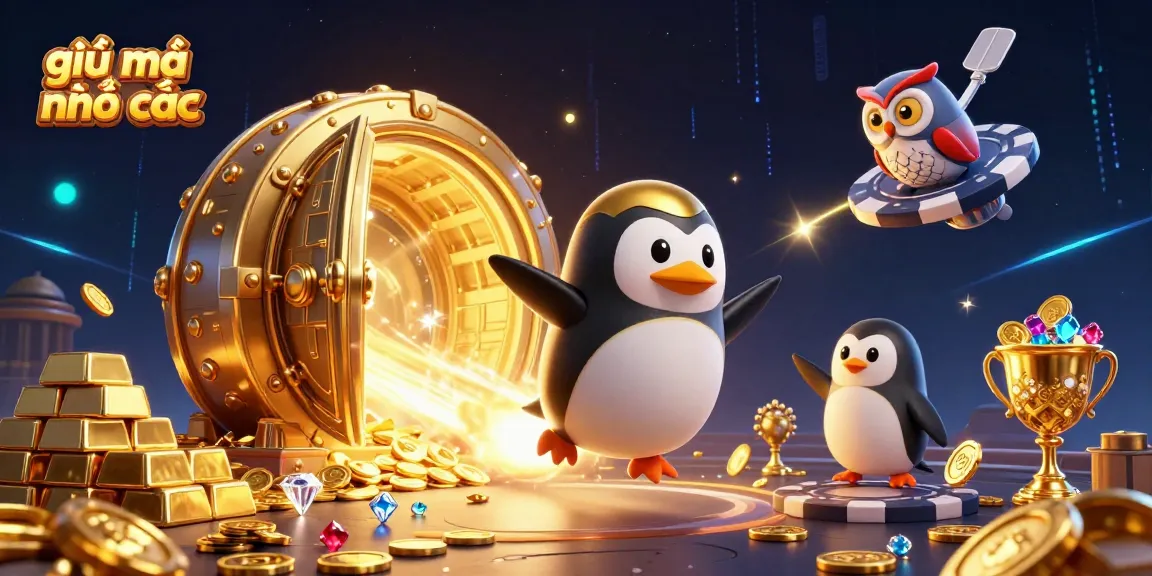 Experience the thrill of giải mã nhà cái as a golden penguin ventures toward a casino space station filled with treasures.